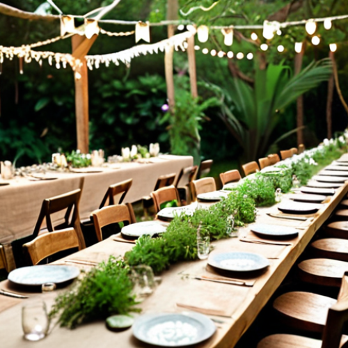 Home 11 **
A beautifully decorated outdoor party scene with wooden elements, lush green plants, and soft, natural lighting. Tables are adorned with linen tablecloths, wooden plates, and flower centerpieces. Fairy lights are strung between trees, creating a magical atmosphere. Focus on natural colors (greens, browns, blues) and an overall serene, inviting vibe. The scene should evoke environmental consciousness and rustic charm.
**