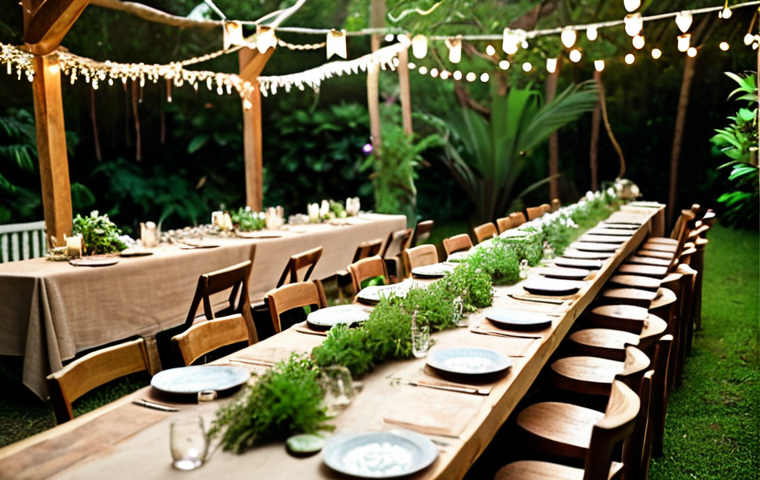 **
A beautifully decorated outdoor party scene with wooden elements, lush green plants, and soft, natural lighting. Tables are adorned with linen tablecloths, wooden plates, and flower centerpieces. Fairy lights are strung between trees, creating a magical atmosphere. Focus on natural colors (greens, browns, blues) and an overall serene, inviting vibe. The scene should evoke environmental consciousness and rustic charm.
**