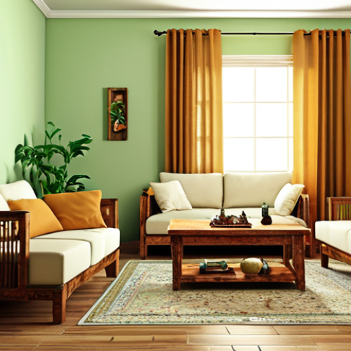 Home 6 **
A living room showcasing wooden furniture (Shisham wood preferred), light green walls, indoor plants, and a rug. The sofa is against the wall to maximize space, and there is soft, warm lighting. The overall mood should be calm and refreshing.
**