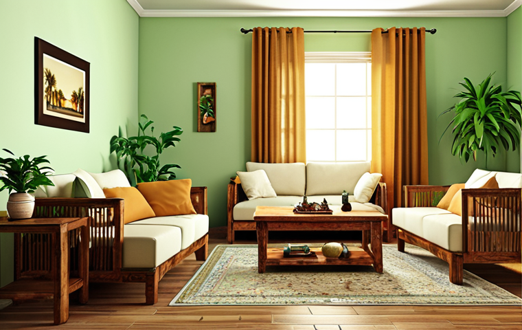 **
A living room showcasing wooden furniture (Shisham wood preferred), light green walls, indoor plants, and a rug. The sofa is against the wall to maximize space, and there is soft, warm lighting. The overall mood should be calm and refreshing.
**