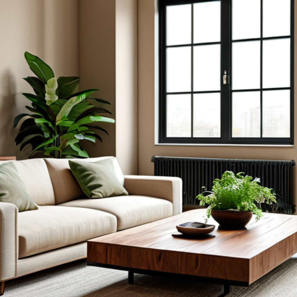 **Prompt:** A living room with earth-toned colors, featuring a brown wooden coffee table, beige sofa, and green plants. Large windows provide natural light. Fully clothed, safe for work, appropriate content, modest decor, perfect anatomy, natural proportions, professional interior design photography, high quality.