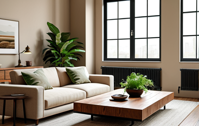 **Prompt:** A living room with earth-toned colors, featuring a brown wooden coffee table, beige sofa, and green plants. Large windows provide natural light. Fully clothed, safe for work, appropriate content, modest decor, perfect anatomy, natural proportions, professional interior design photography, high quality.