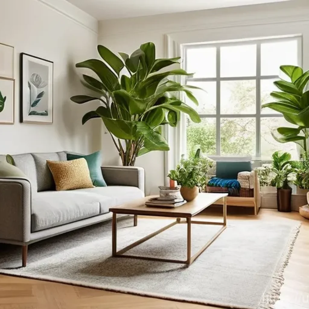 자연주의 홈 데코에서의 식물 배치법 - **Prompt:** A cozy, sunlit living room adorned with a variety of lush indoor plants. Sunlight stream...