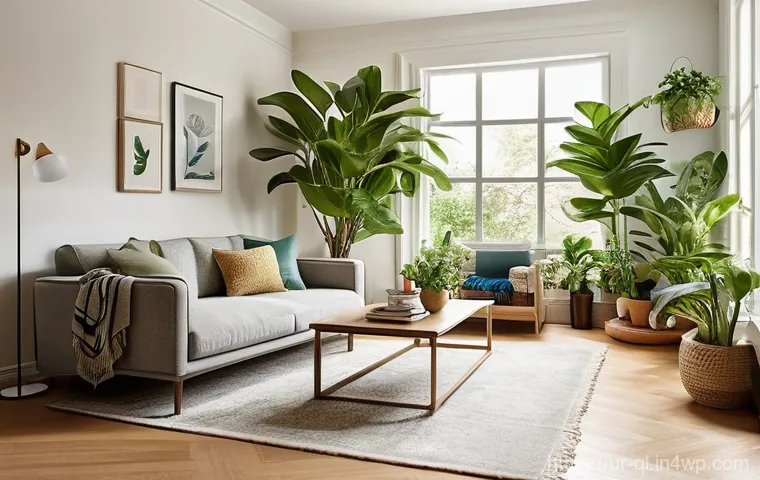 자연주의 홈 데코에서의 식물 배치법 - **Prompt:** A cozy, sunlit living room adorned with a variety of lush indoor plants. Sunlight stream...