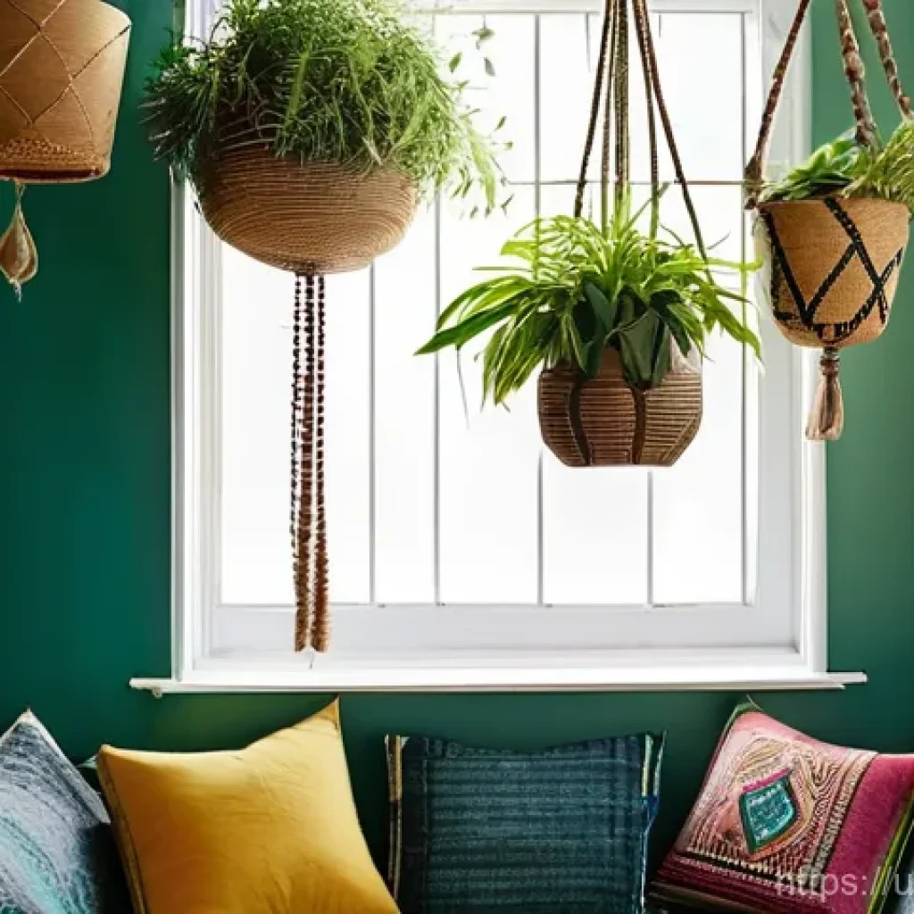 주말에 할 수 있는 자연주의 DIY 프로젝트 - **Prompt:** A cozy, sunlit corner of a Pakistani home, showcasing beautifully handcrafted hanging pl...