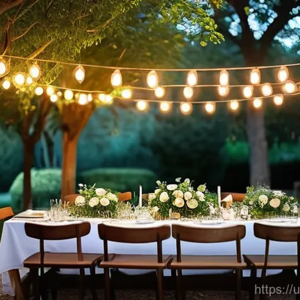 자연을 테마로 한 파티 장식 아이디어 - **"A serene and enchanting outdoor evening party scene in a lush garden. The atmosphere is warm and ...