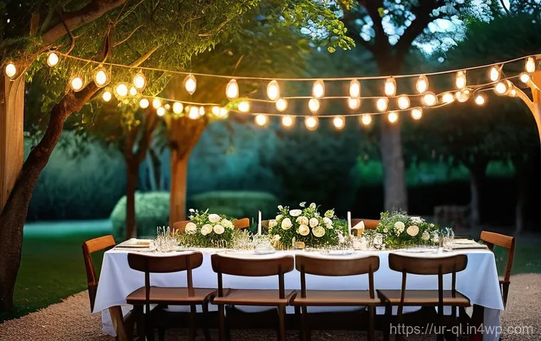 자연을 테마로 한 파티 장식 아이디어 - **"A serene and enchanting outdoor evening party scene in a lush garden. The atmosphere is warm and ...