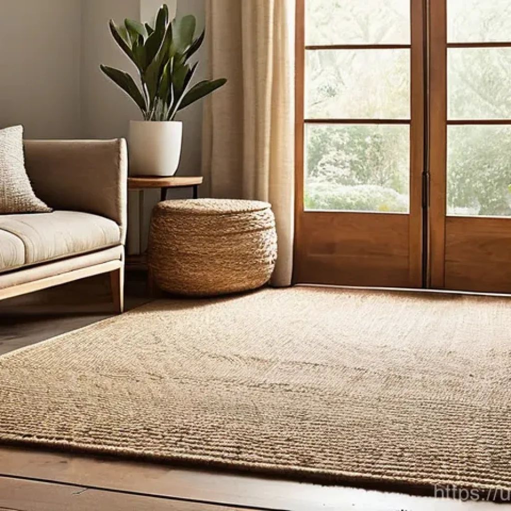 자연주의 인테리어에 어울리는 러그 선택법 - **Prompt 1: Rustic Living Room with Earthy Jute and Sisal Rug**
"A cozy and inviting living room...