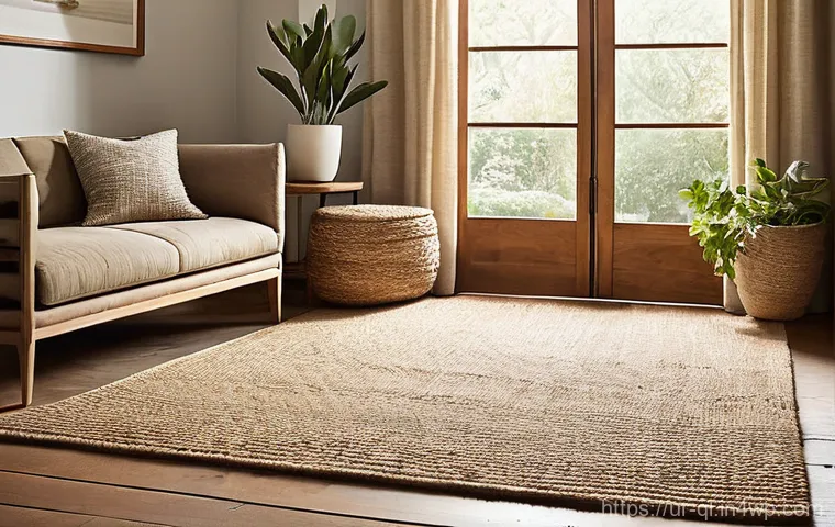 자연주의 인테리어에 어울리는 러그 선택법 - **Prompt 1: Rustic Living Room with Earthy Jute and Sisal Rug**
"A cozy and inviting living room...