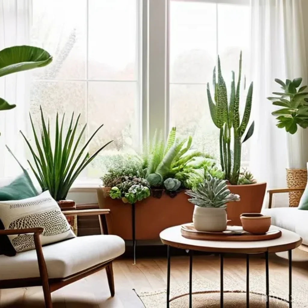 자연을 느낄 수 있는 거실 꾸미기 - **Green Oasis Living Room Bathed in Natural Light**
A bright and airy living room, filled with s...