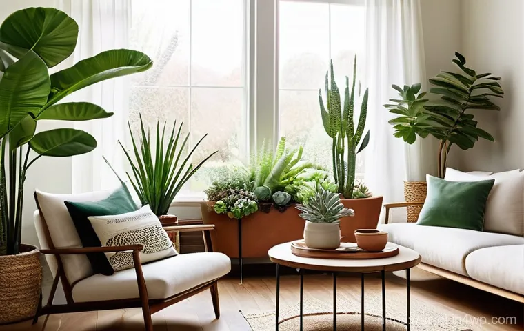 자연을 느낄 수 있는 거실 꾸미기 - **Green Oasis Living Room Bathed in Natural Light**
A bright and airy living room, filled with s...