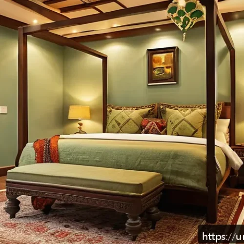 Home 33 자연주의 인테리어를 위한 색상 조합 - A serene bedroom interior in a traditional Pakistani home, featuring soft khaki and light green wall...
