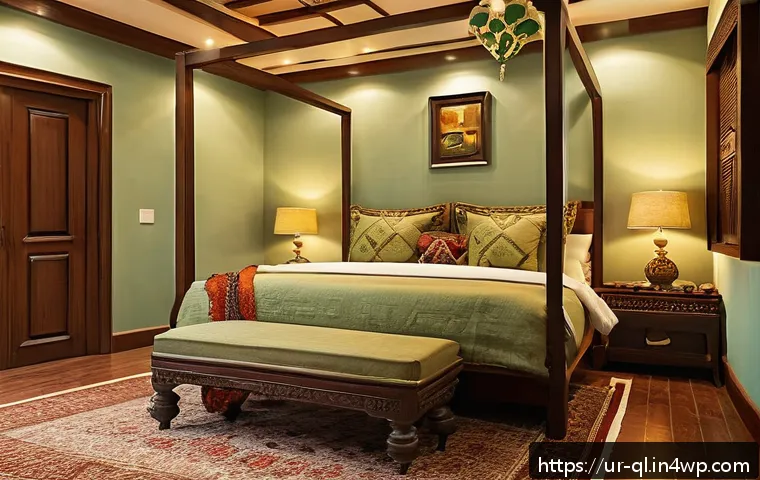 자연주의 인테리어를 위한 색상 조합 - A serene bedroom interior in a traditional Pakistani home, featuring soft khaki and light green wall...