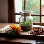 Home 19 자연주의 인테리어에서의 테이블 꾸미기 - A cozy dining table scene featuring an elegant arrangement of dried flowers and colorful autumn leav...