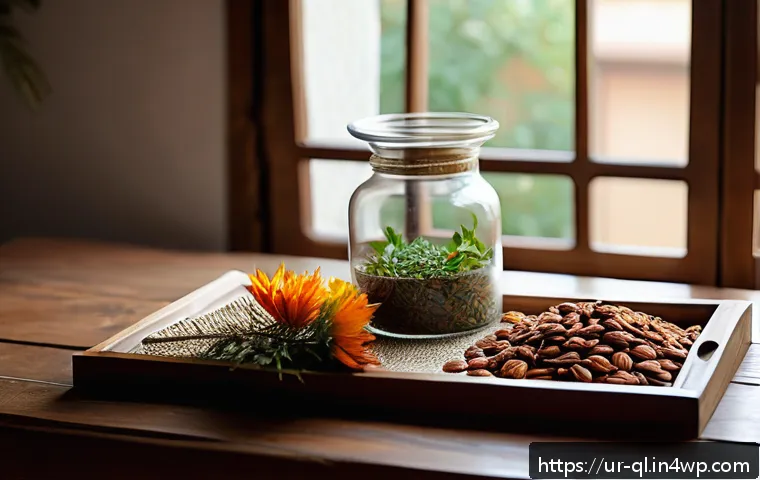 자연주의 인테리어에서의 테이블 꾸미기 - A cozy dining table scene featuring an elegant arrangement of dried flowers and colorful autumn leav...