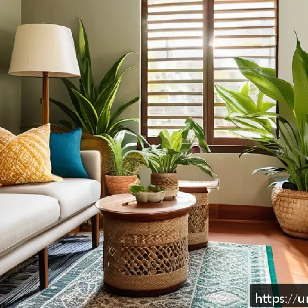 실내 식물로 꾸미는 자연주의 인테리어 - A cozy living room scene in a traditional Pakistani home featuring a variety of indoor plants includ...