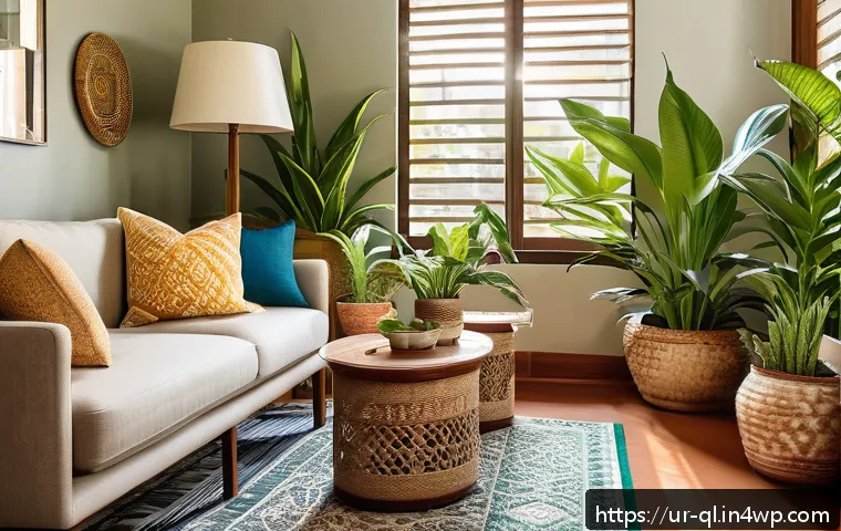 실내 식물로 꾸미는 자연주의 인테리어 - A cozy living room scene in a traditional Pakistani home featuring a variety of indoor plants includ...