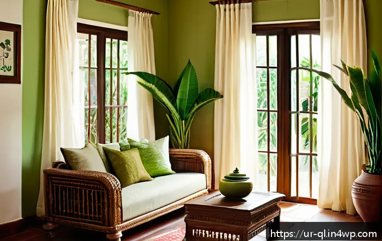 자연주의 인테리어의 필수 요소 - A bright and airy living room in a traditional South Asian home with large open windows draped in li...