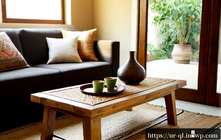 Home 17 친환경 소재로 제작된 인테리어 제품 - Photorealistic sunlit Pakistani living room with eco-friendly interior products: handcrafted bamboo ...