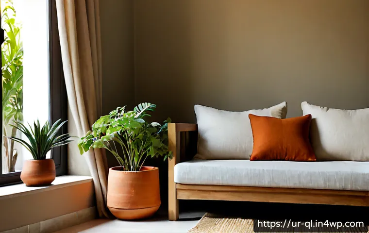 자연주의 홈 데코의 기본 원칙 - Photorealistic naturalist home decor living room in a Pakistani urban home, airy sunlit space with h...